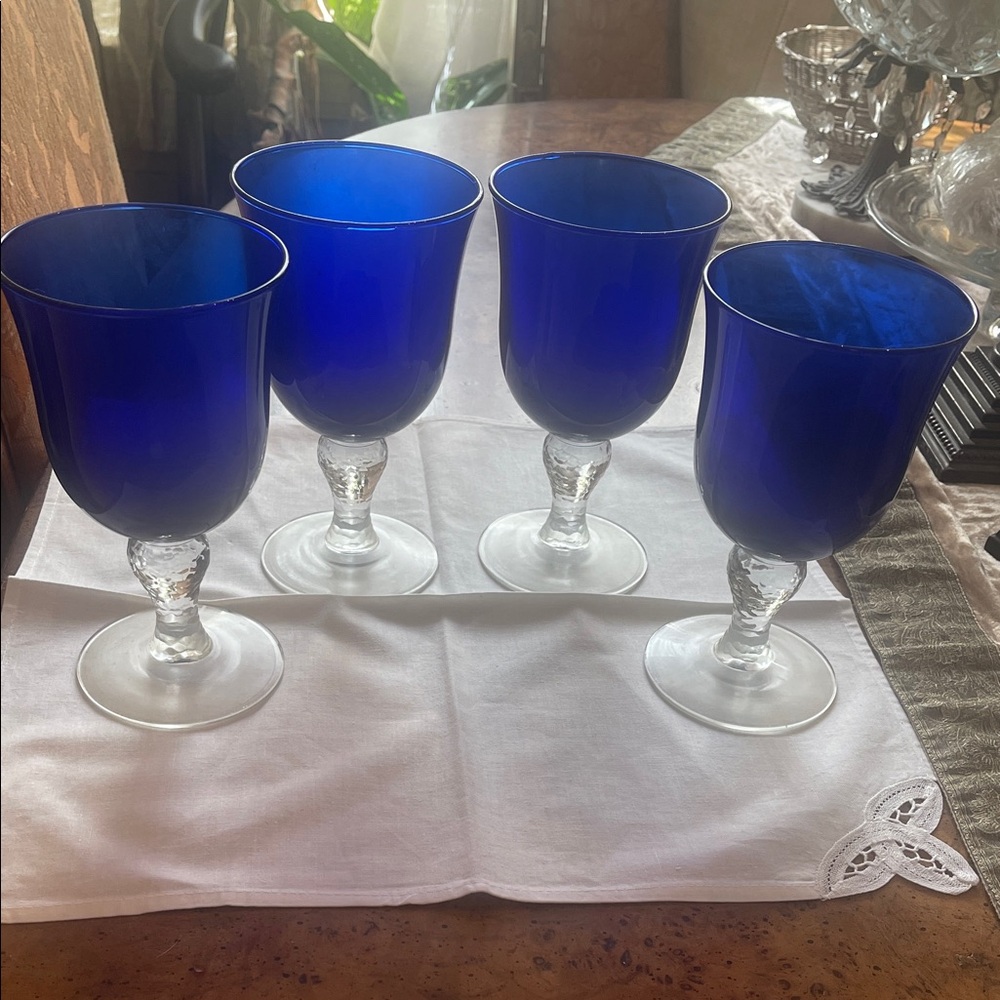 Set of 4 Cobalt Blue Glass Goblets with Textured Clear Stems